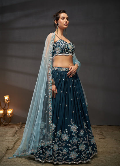 Blue Bridesmaid Lehenga Choli With Embroidery, Thread Work and Sequins Work