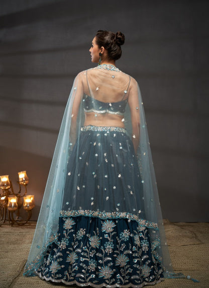 Blue Bridesmaid Lehenga Choli With Embroidery, Thread Work and Sequins Work