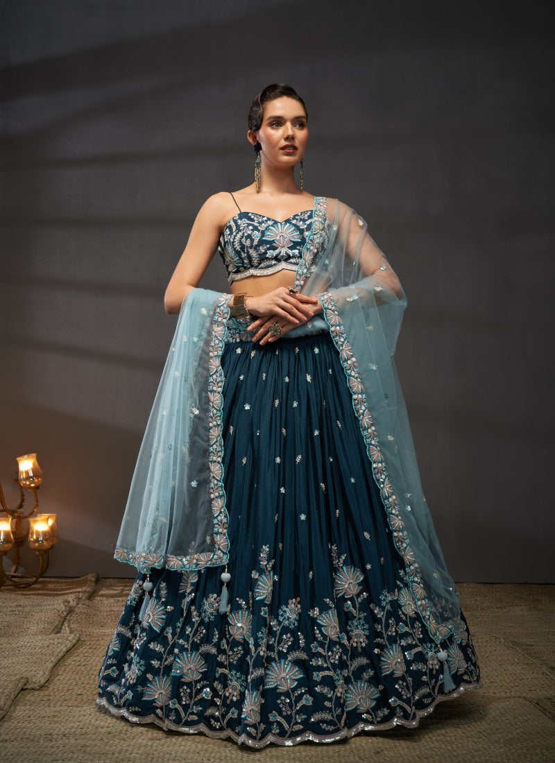 Blue Bridesmaid Lehenga Choli With Embroidery, Thread Work and Sequins Work