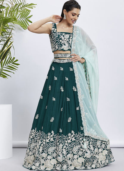 Green Bridesmaid Lehenga Choli With Embroidery, Thread Work and Sequins Work