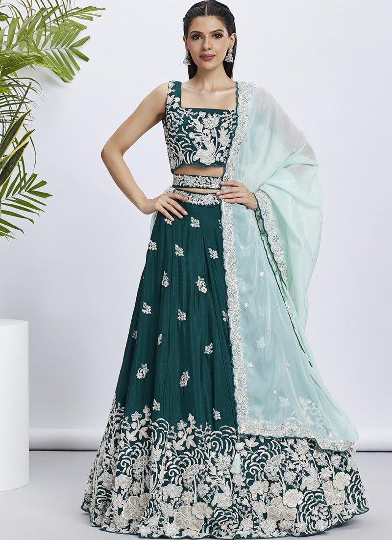 Green Bridesmaid Lehenga Choli With Embroidery, Thread Work and Sequins Work