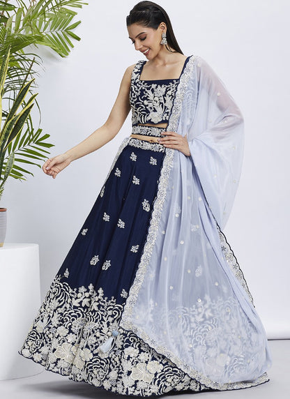 Navy Blue Bridesmaid Lehenga Choli With Embroidery, Thread Work and Sequins Work