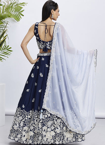 Navy Blue Bridesmaid Lehenga Choli With Embroidery, Thread Work and Sequins Work