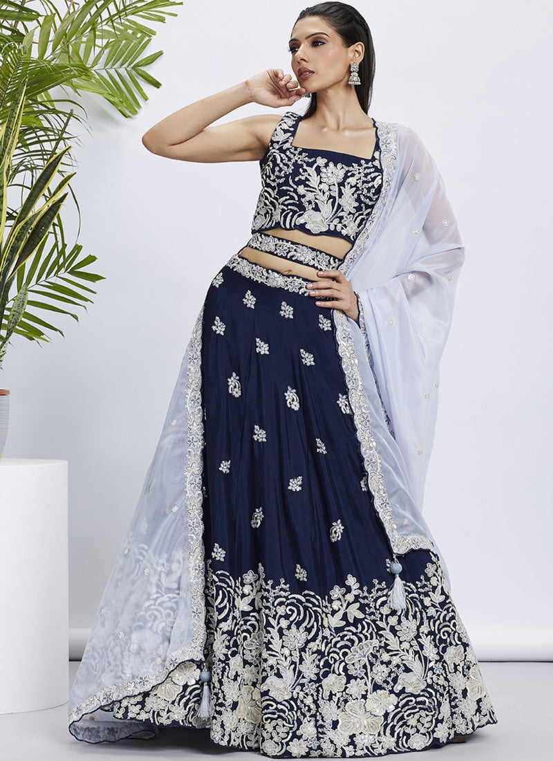 Navy Blue Bridesmaid Lehenga Choli With Embroidery, Thread Work and Sequins Work