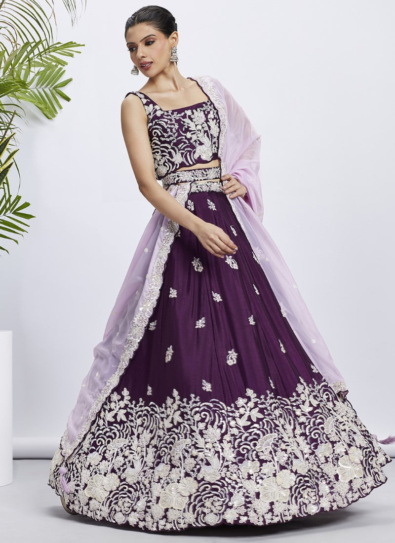 Purple Bridesmaid Lehenga Choli With Embroidery, Thread Work and Sequins Work