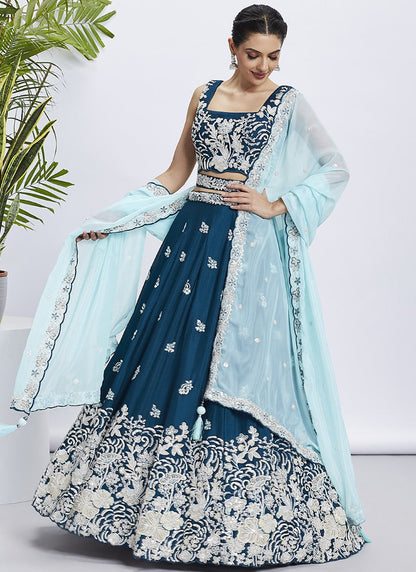 Teal Blue Bridesmaid Lehenga Choli With Embroidery, Thread Work and Sequins Work