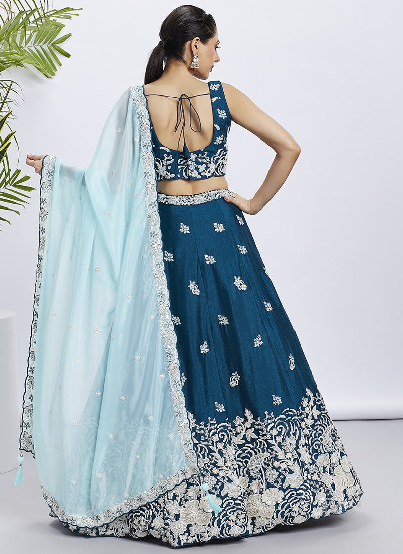 Teal Blue Bridesmaid Lehenga Choli With Embroidery, Thread Work and Sequins Work