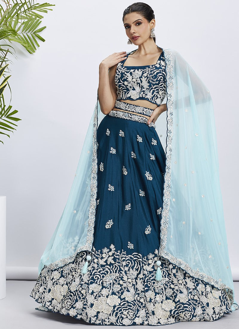 Teal Blue Bridesmaid Lehenga Choli With Embroidery, Thread Work and Sequins Work