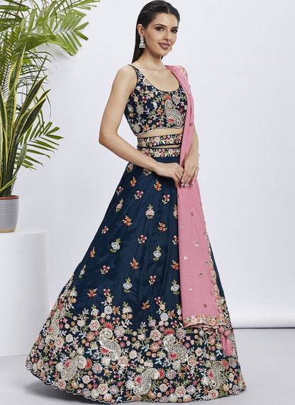 Blue Bridesmaid Lehenga Choli With Embroidery, Thread Work and Sequins Work