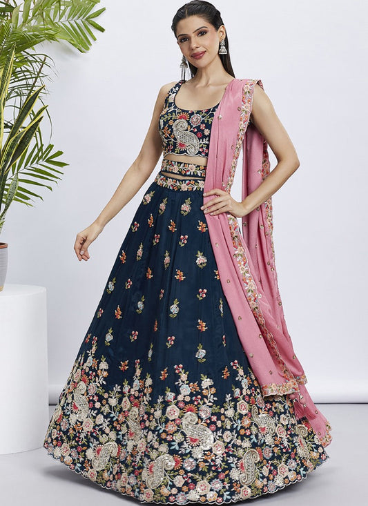 Blue Bridesmaid Lehenga Choli With Embroidery, Thread Work and Sequins Work