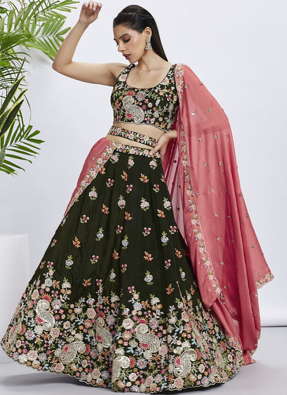 Green Bridesmaid Lehenga Choli With Embroidery, Thread Work and Sequins Work