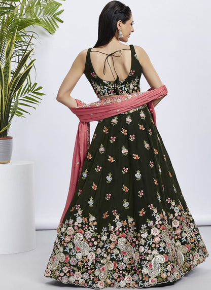 Green Bridesmaid Lehenga Choli With Embroidery, Thread Work and Sequins Work