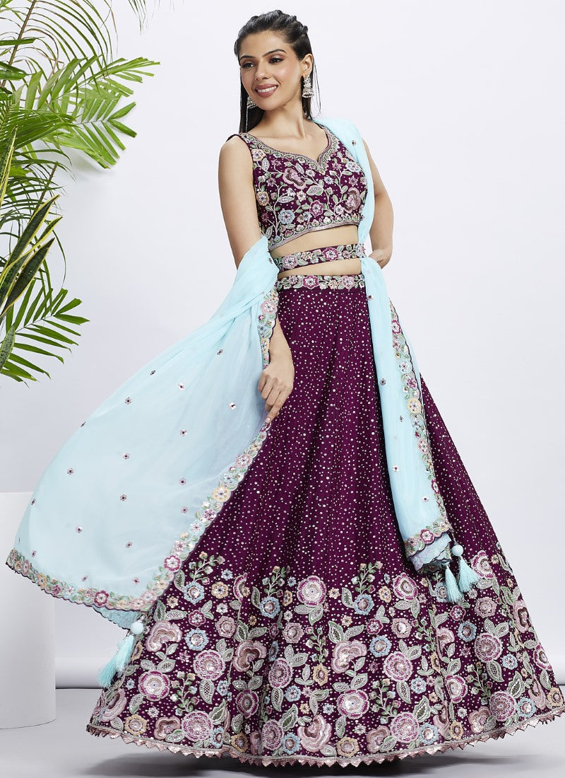 Wine Bridesmaid Lehenga Choli With Embroidery, Thread Work and Sequins Work