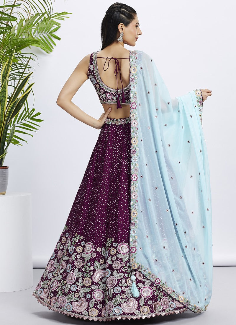 Wine Bridesmaid Lehenga Choli With Embroidery, Thread Work and Sequins Work