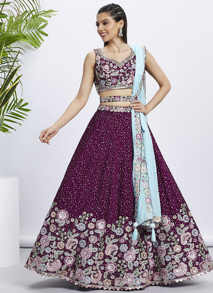 Wine Bridesmaid Lehenga Choli With Embroidery, Thread Work and Sequins Work