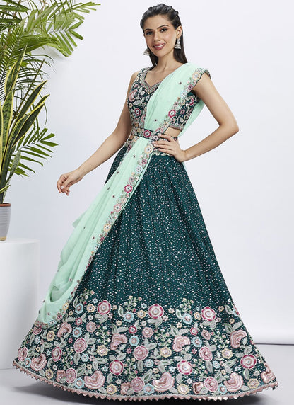 Green Bridesmaid Lehenga Choli With Embroidery, Thread Work and Sequins Work