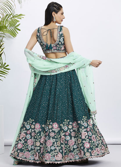 Green Bridesmaid Lehenga Choli With Embroidery, Thread Work and Sequins Work