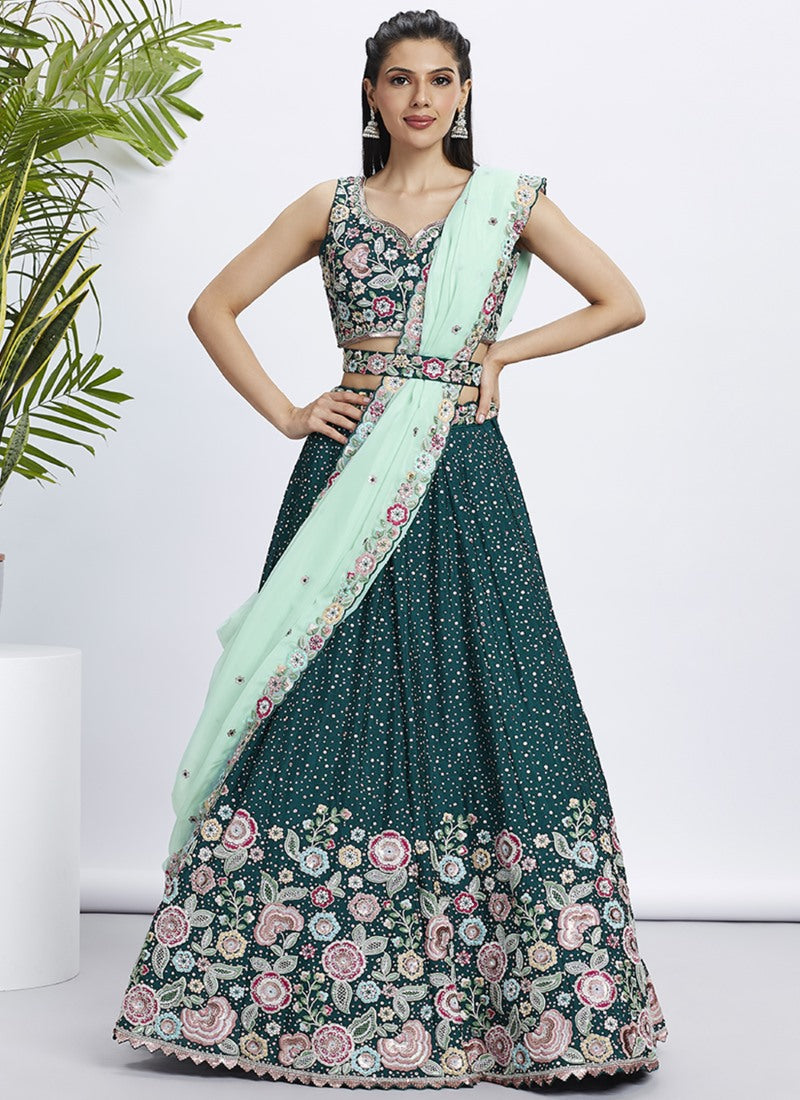 Green Bridesmaid Lehenga Choli With Embroidery, Thread Work and Sequins Work