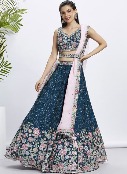 Blue Bridesmaid Lehenga Choli With Embroidery, Thread Work and Sequins Work