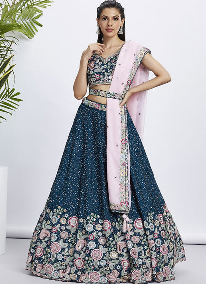 Blue Bridesmaid Lehenga Choli With Embroidery, Thread Work and Sequins Work