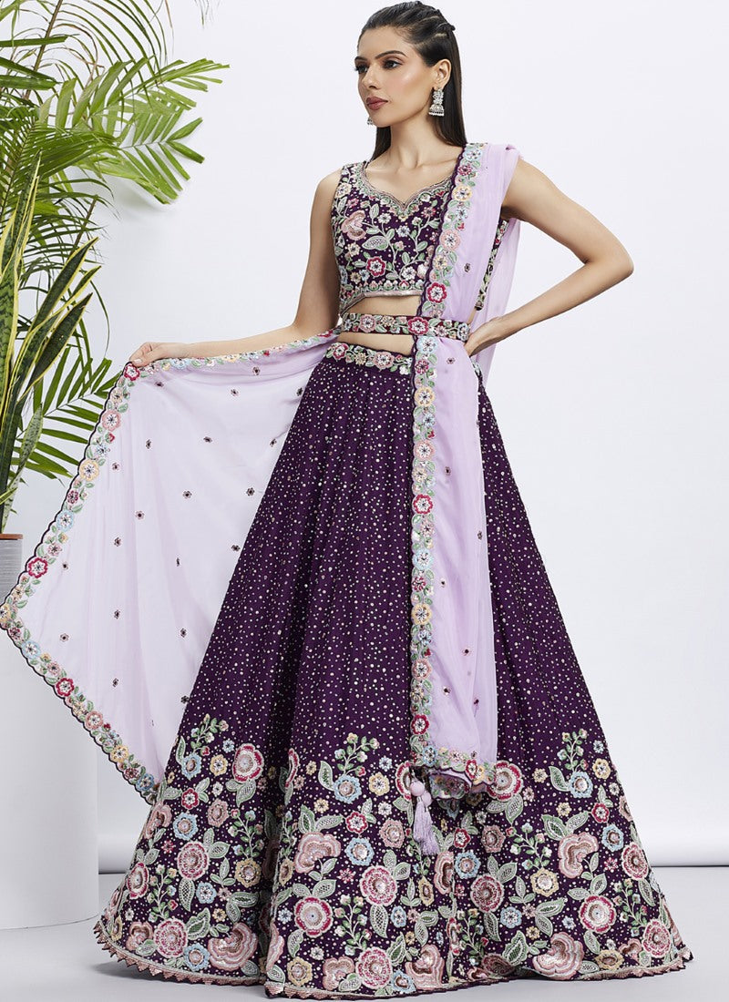 Purple Bridesmaid Lehenga Choli With Embroidery, Thread Work and Sequins Work