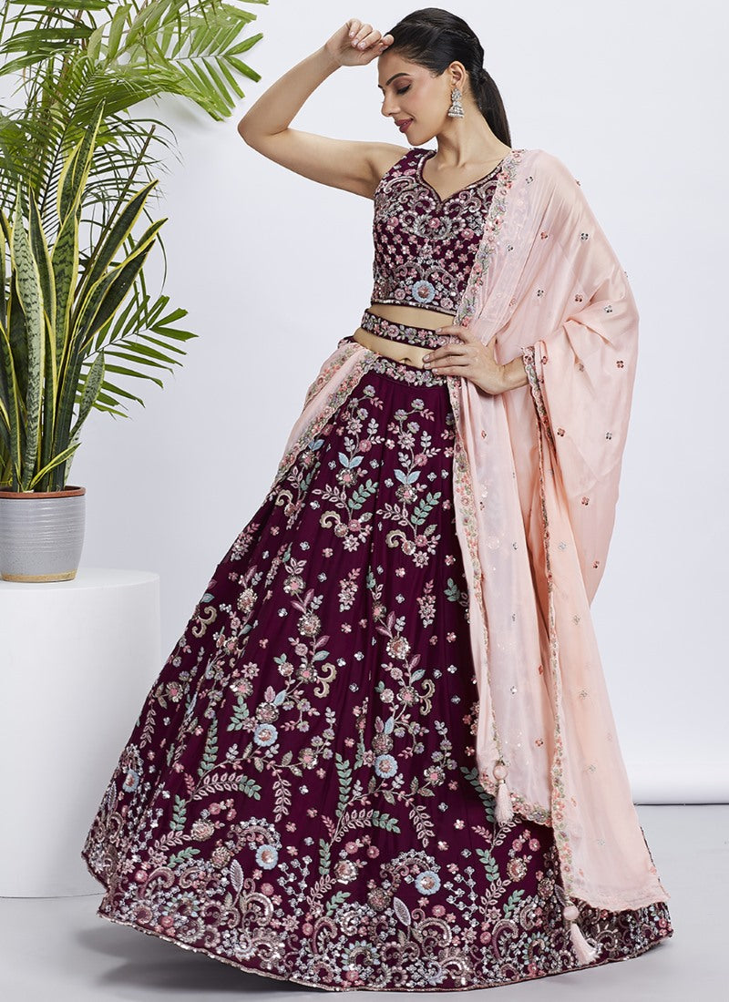 Wine Bridesmaid Lehenga Choli With Embroidery, Thread Work and Sequins Work