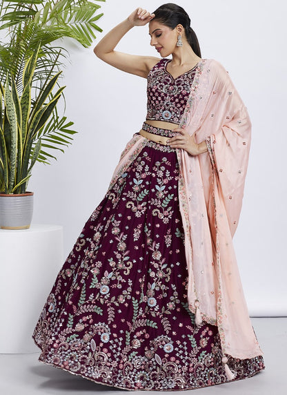 Wine Bridesmaid Lehenga Choli With Embroidery, Thread Work and Sequins Work