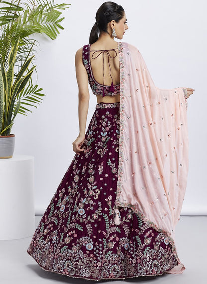 Wine Bridesmaid Lehenga Choli With Embroidery, Thread Work and Sequins Work