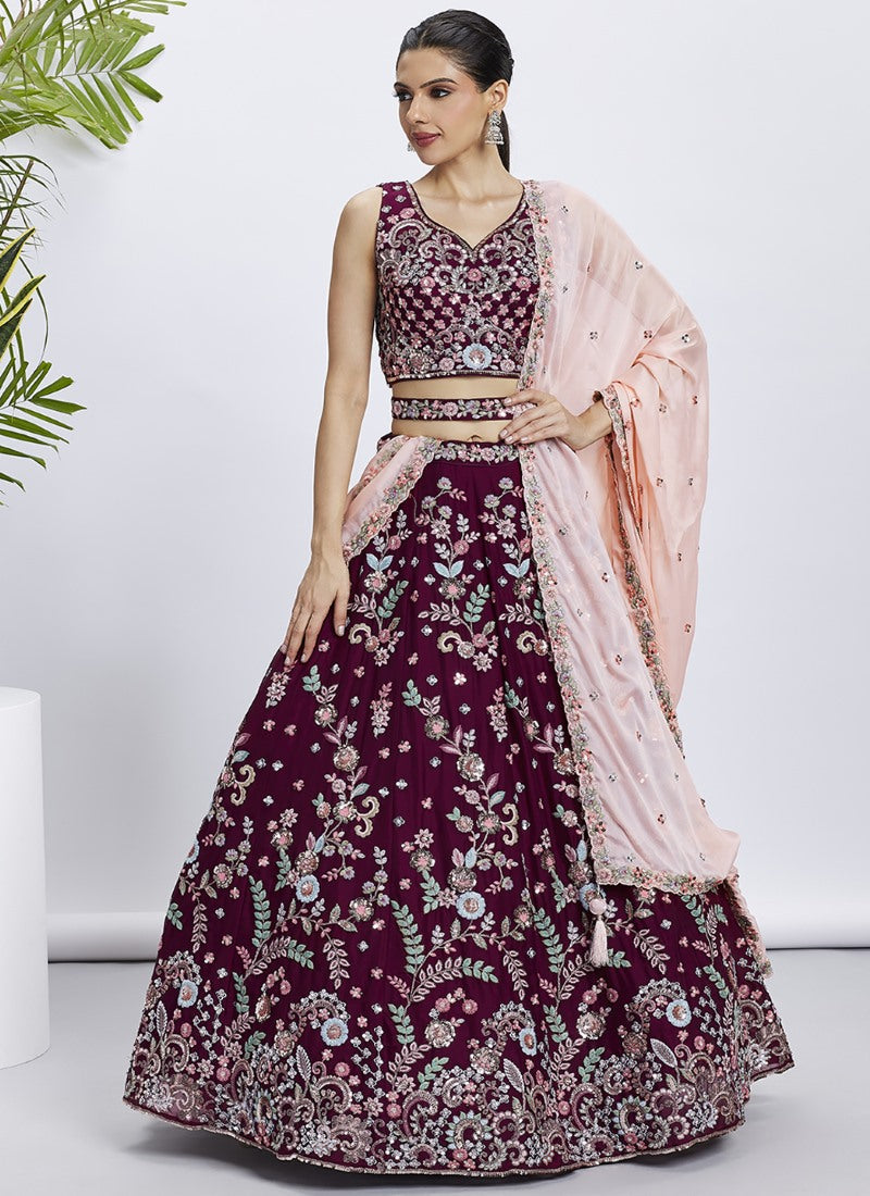 Wine Bridesmaid Lehenga Choli With Embroidery, Thread Work and Sequins Work