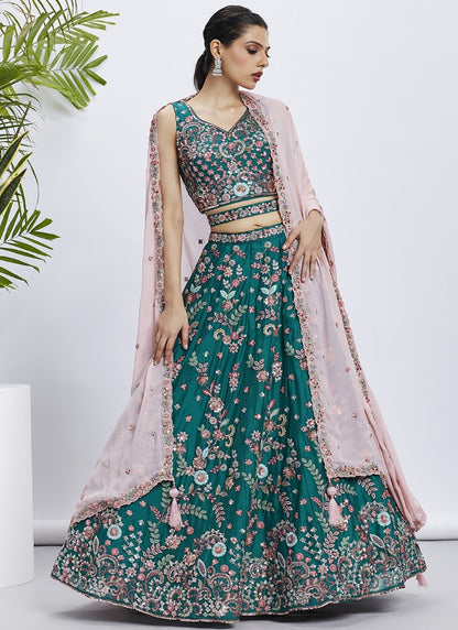 Green Bridesmaid Lehenga Choli With Embroidery, Thread Work and Sequins Work