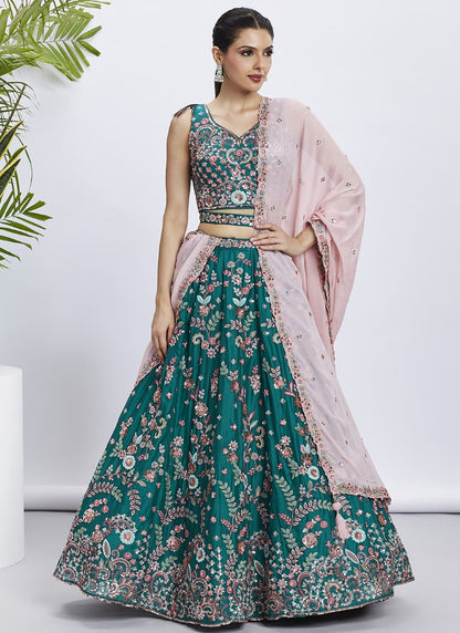 Green Bridesmaid Lehenga Choli With Embroidery, Thread Work and Sequins Work