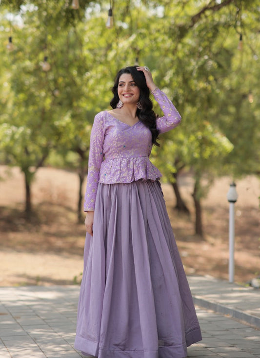 Lavender Crop Top Lehenga Choli With Embroidery Work