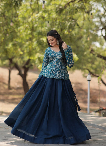 Blue Crop Top Lehenga Choli With Embroidery Work