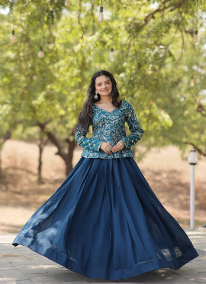 Blue Crop Top Lehenga Choli With Embroidery Work