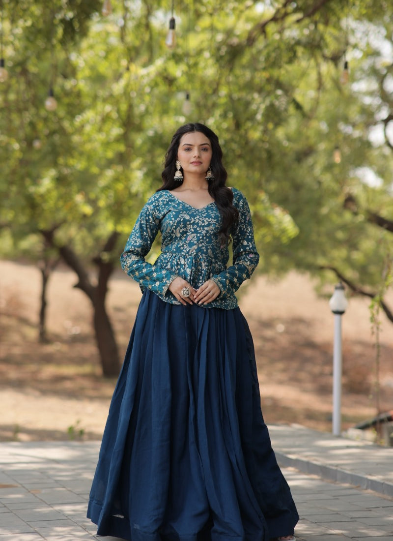 Blue Crop Top Lehenga Choli With Embroidery Work