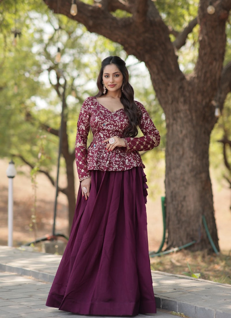 Wine Crop Top Lehenga Choli With Embroidery Work