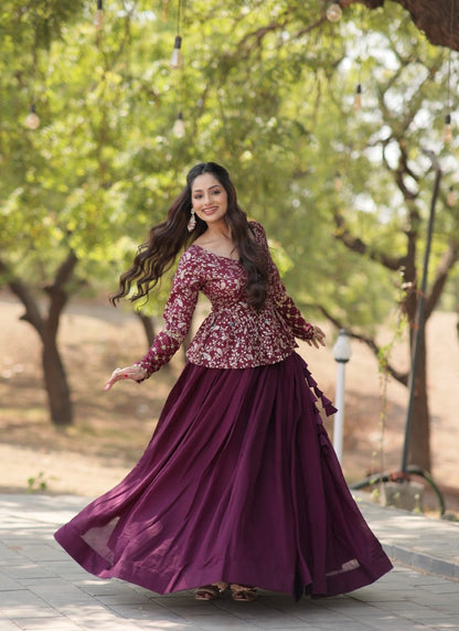 Wine Crop Top Lehenga Choli With Embroidery Work