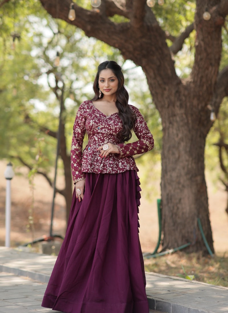 Wine Crop Top Lehenga Choli With Embroidery Work