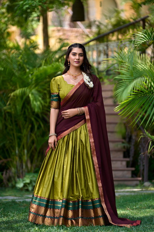 Green Cotton Lehenga Choli With Zari Weaving Work