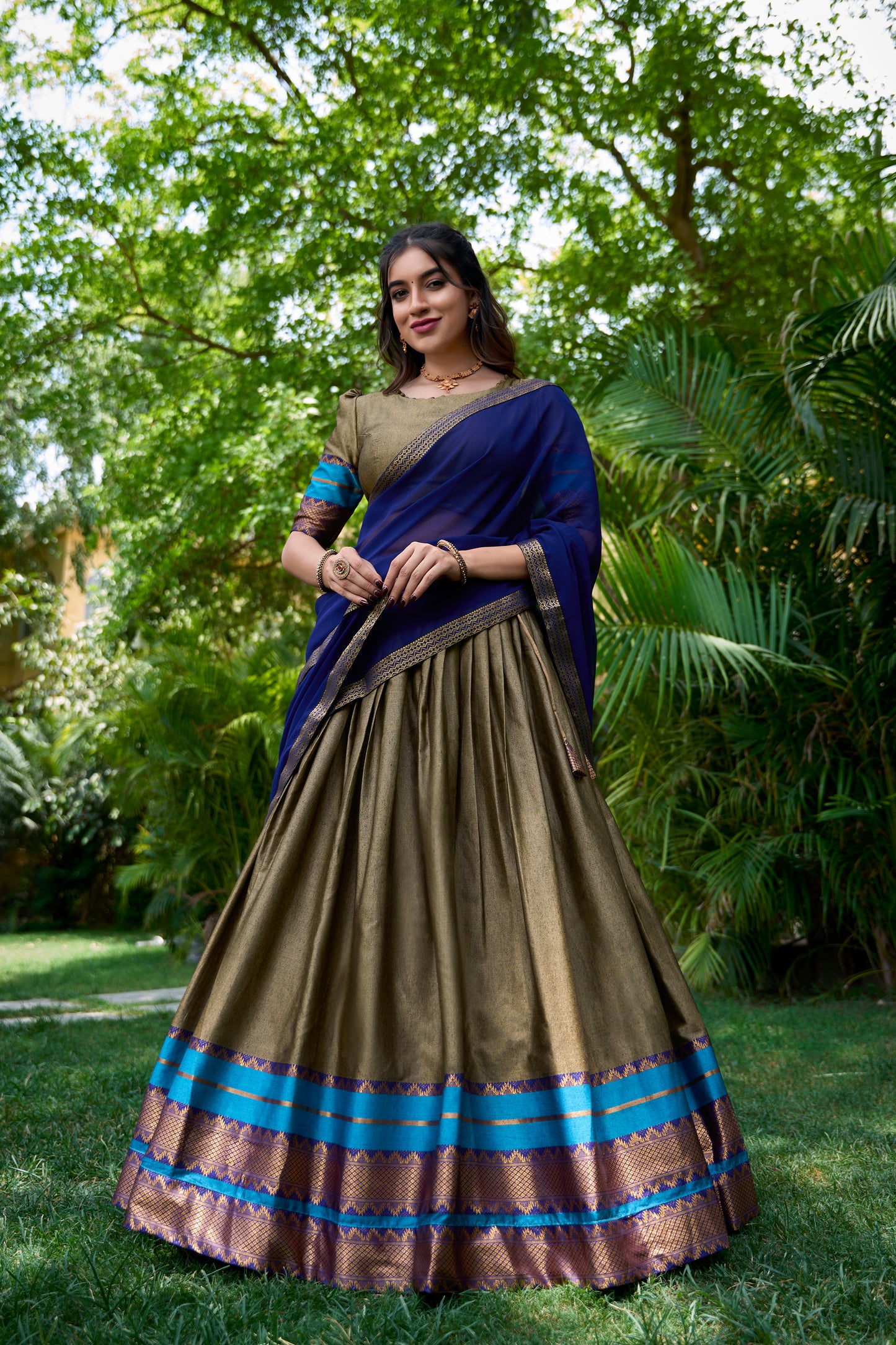 Brown Cotton Lehenga Choli With Zari Weaving Work