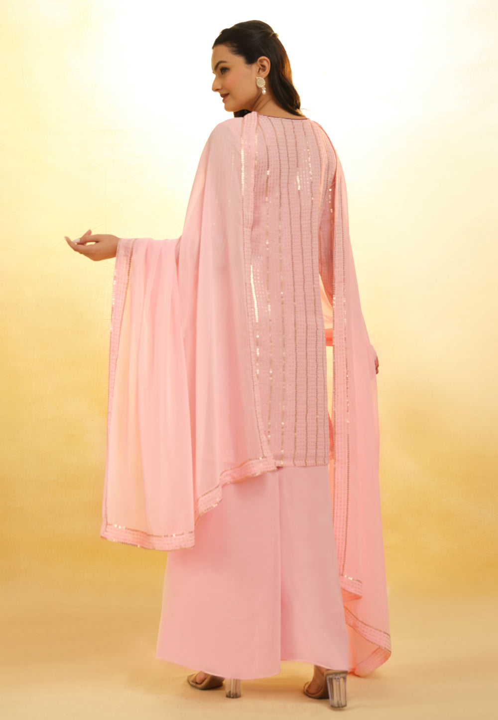 Pink Georgette Palazzo Suit With Thread and Embroidery Work