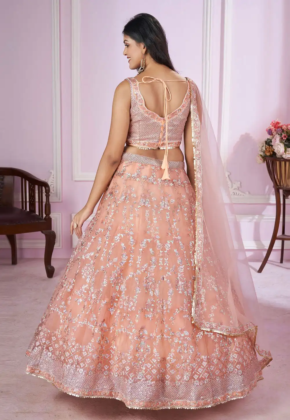 Peach Designer Lehenga Choli With Embroidery, Zari Work and Sequins Work