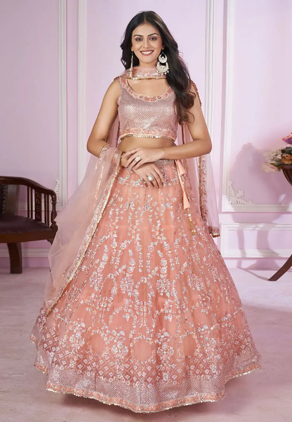 Peach Designer Lehenga Choli With Embroidery, Zari Work and Sequins Work