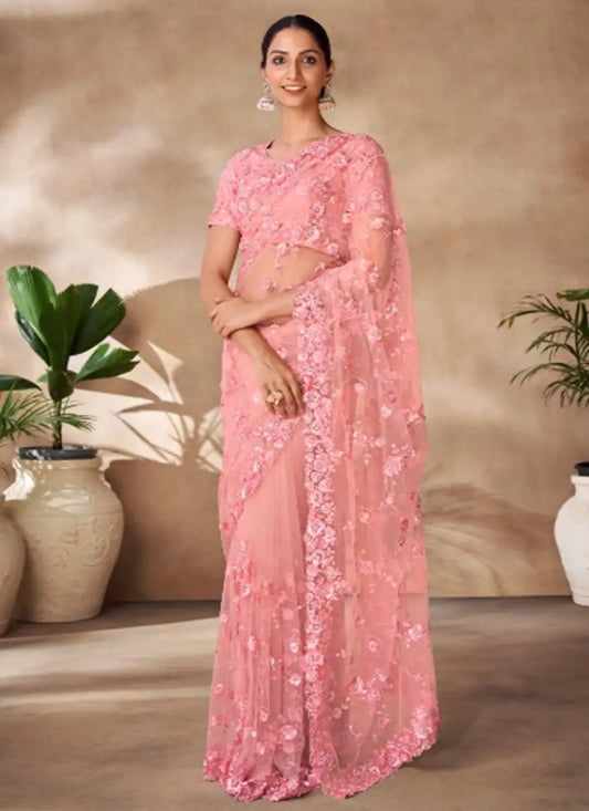 Peach Net Party Wear Saree With Sequins, Thread and Zari Work