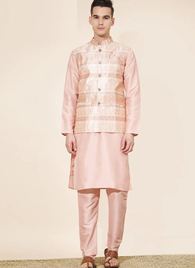 Pink Silk Kurta Pajama With Koti