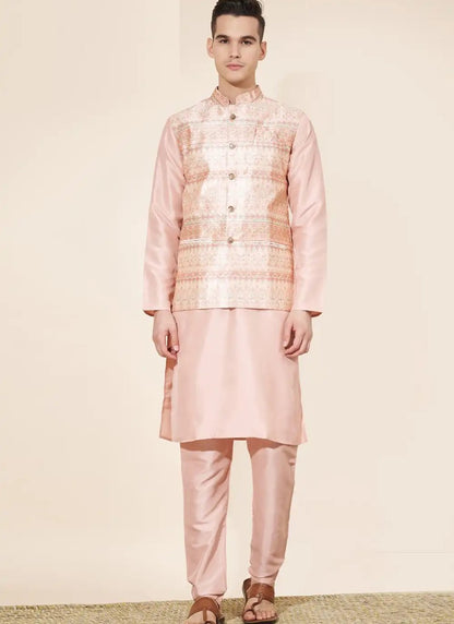 Pink Silk Kurta Pajama With Koti