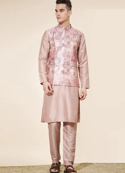 Beige Silk Kurta Pajama With Koti