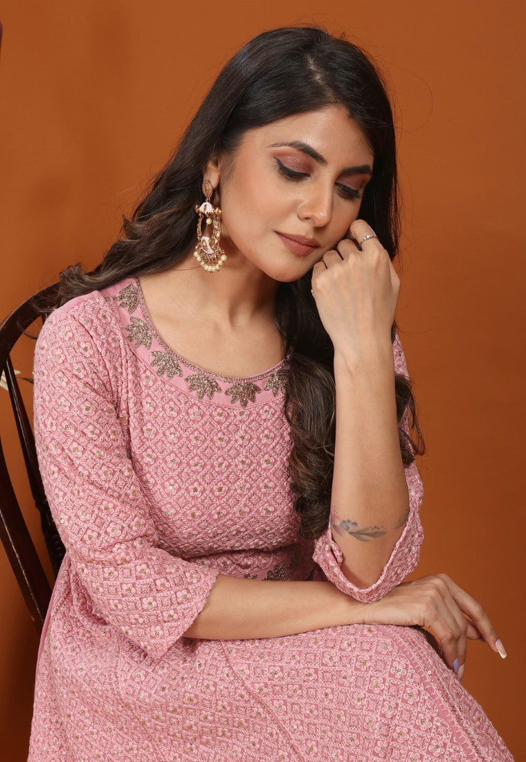 Pink Georgette Anarkali Suit with Heavy Embroidered Work