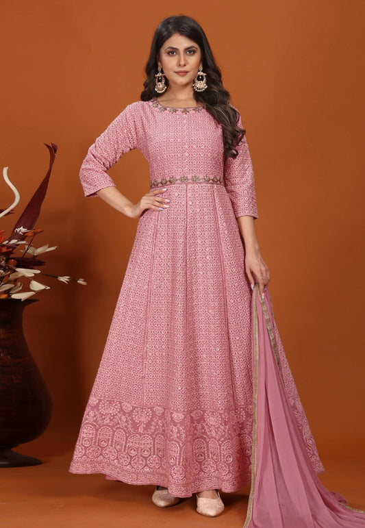 Pink Georgette Anarkali Suit with Heavy Embroidered Work