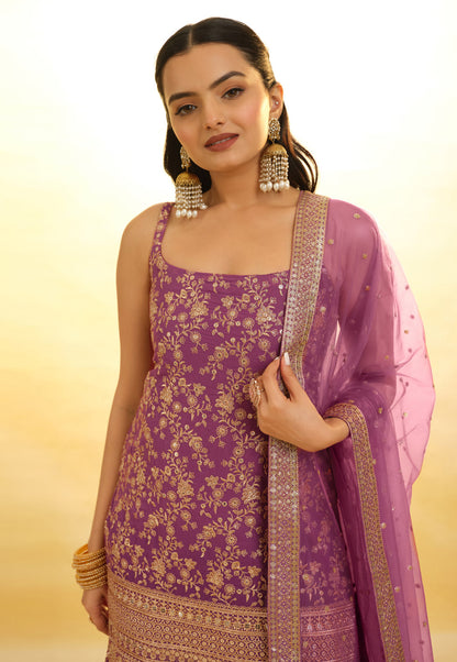 Purple Georgette Sharara Suit With Thread and Embroidery Work